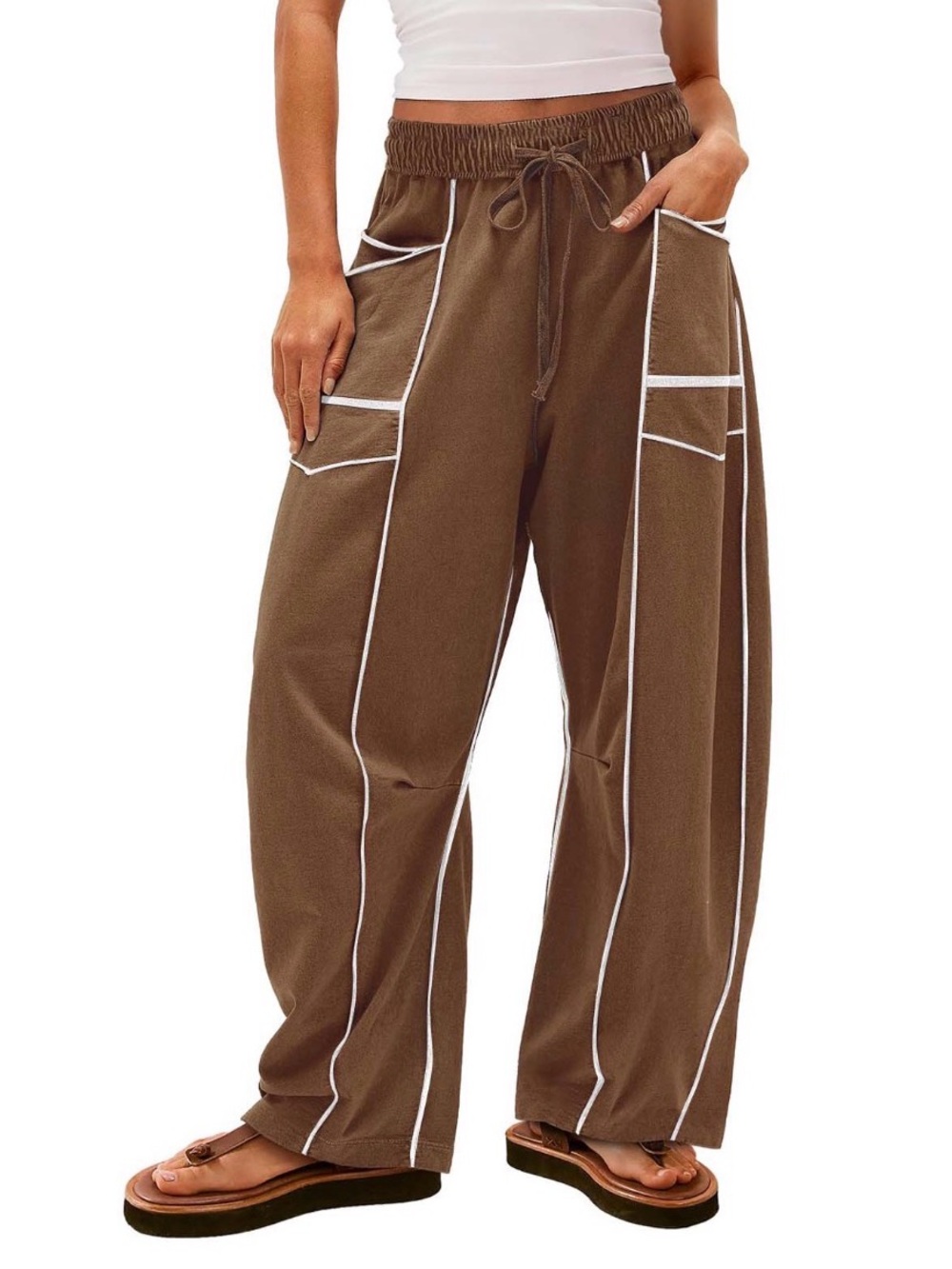 Barrel Baggy Lounge Brown Pants Womens Large Wide Leg Casual Drawstring Waist